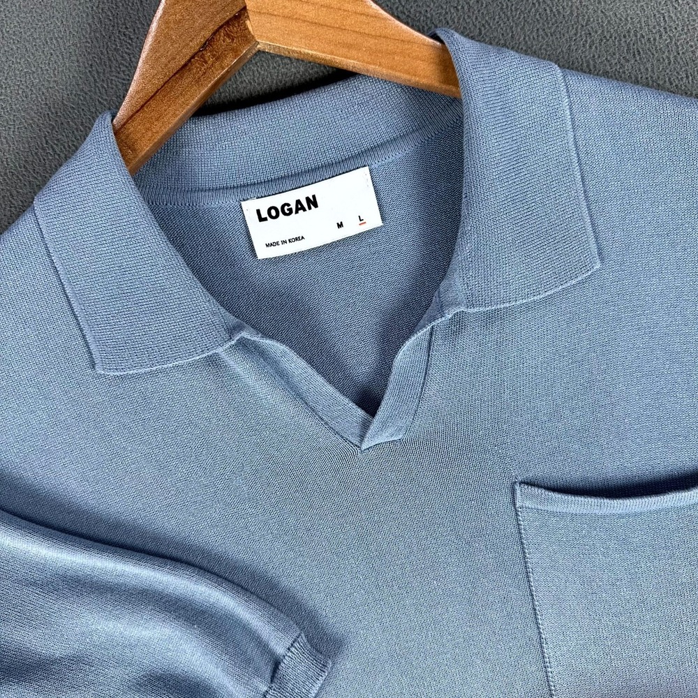 Logan Polo Shirt Mens Large Blue Johnny Collar Sweater Knit Minimalist Prep